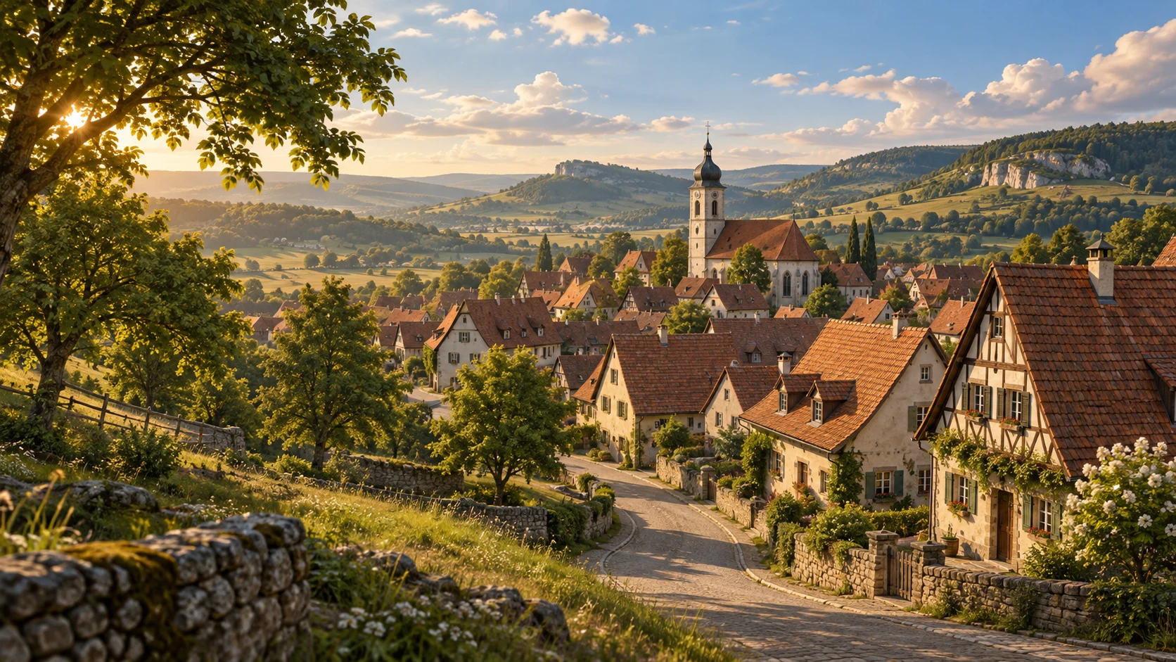 Concept illustration of a Swabian village with red rooftops and green hills